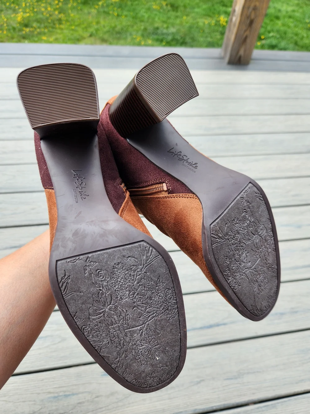 Life Stride Two-Tone Tan and Dark Brown Suede Block Heel Ankle Boots